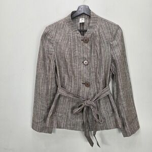 Jacqueline Riu Jacket 38 M Brown 100% Linen Belted Mandarin Collar Career Office
